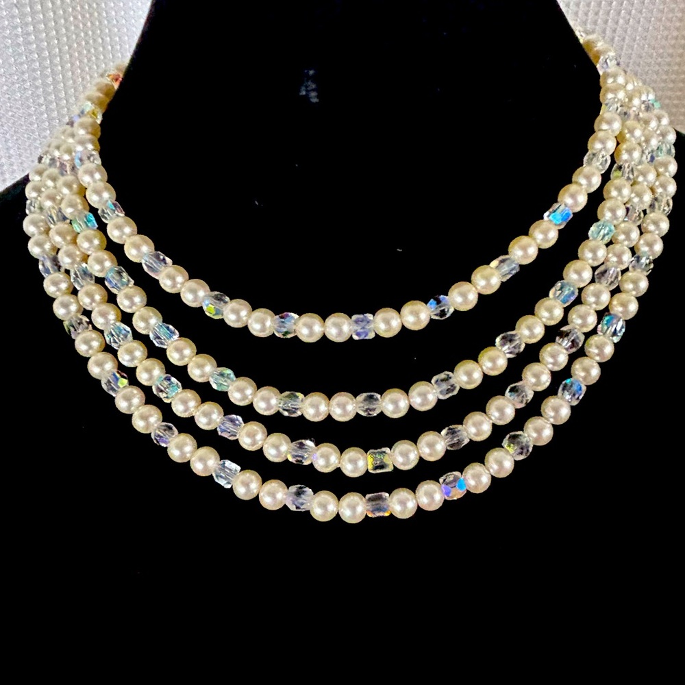 Vintage four strands of faux pearls and Aurora borealis Crystal necklace - Picture 1 of 2
